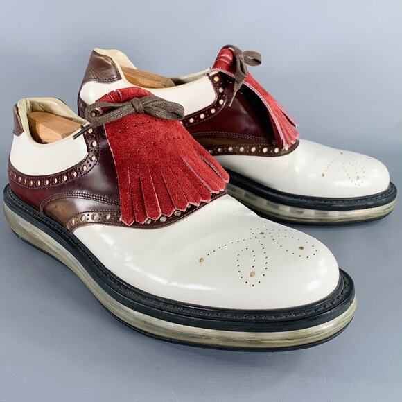 PRADA Size 12 White Burgundy Perforated Leather Lace-Up Shoes main image 4